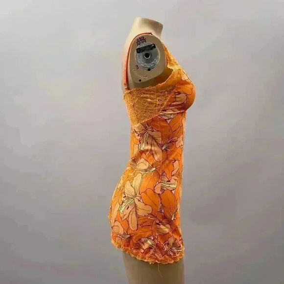 Slip Dress Size S Orange Floral Lace Y2K Fairy Sexy Mini Side Slit Mesh Sheer - Picture 4 of 9